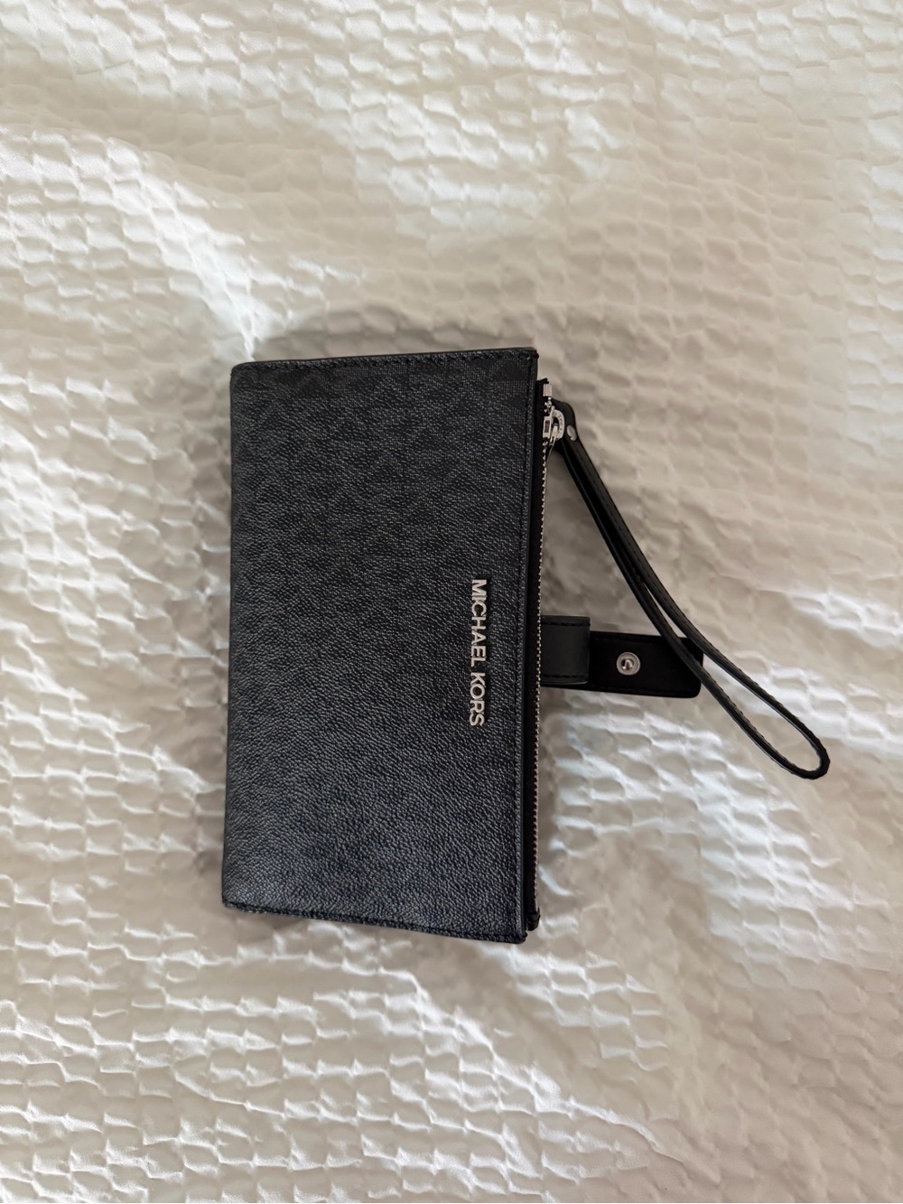 Michael Kors Black Textured Leather Wristlet Wallet with Logo Strap